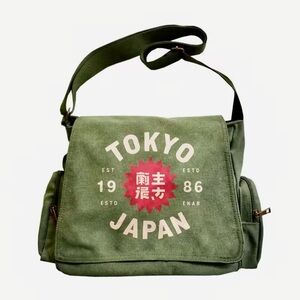 Large Capacity Messenger Bag w/Vintage Tokyo Japan 1986 Print Adjustable Straps